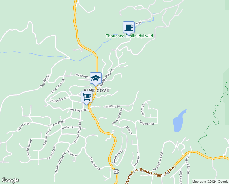 map of restaurants, bars, coffee shops, grocery stores, and more near 53150 Mountain View Drive in Idyllwild-Pine Cove