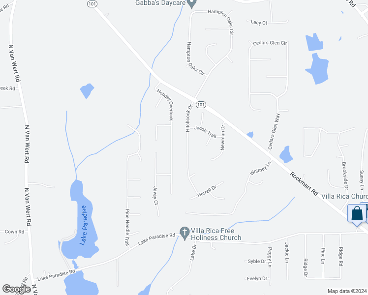 map of restaurants, bars, coffee shops, grocery stores, and more near 125 Hitchcock Drive in Villa Rica