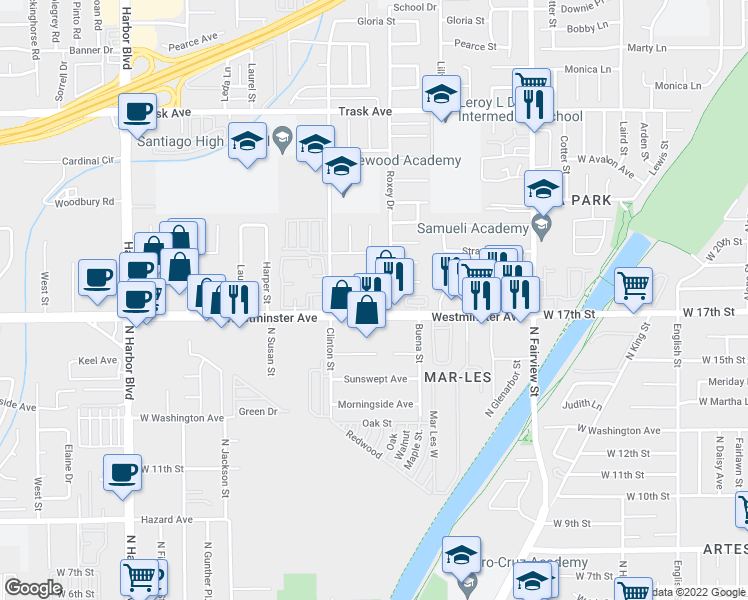 map of restaurants, bars, coffee shops, grocery stores, and more near 12641 Westminster Avenue in Santa Ana