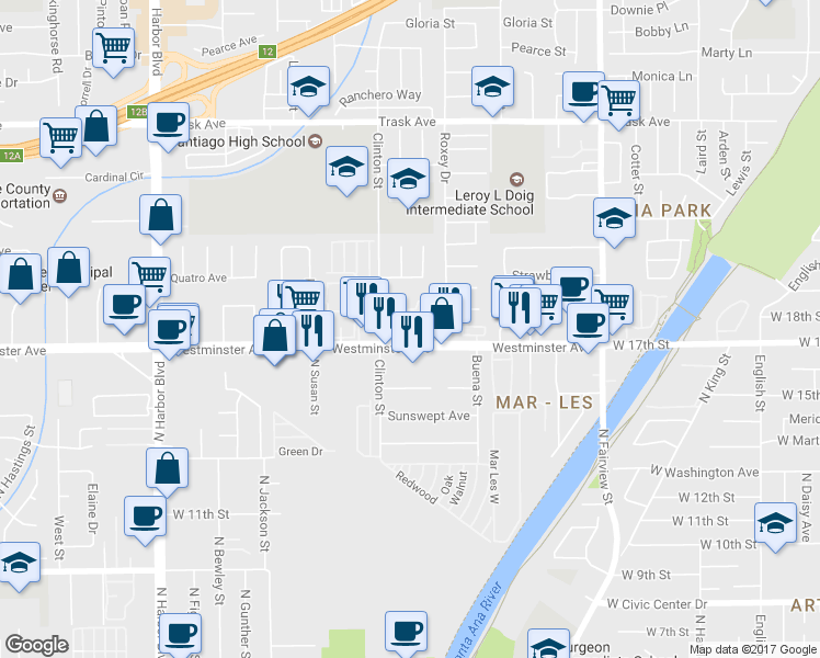 map of restaurants, bars, coffee shops, grocery stores, and more near 13951 Torrey Pine Lane in Garden Grove