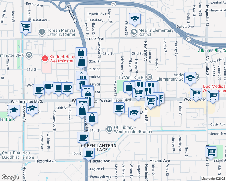 map of restaurants, bars, coffee shops, grocery stores, and more near 8233 Monroe Street in Westminster