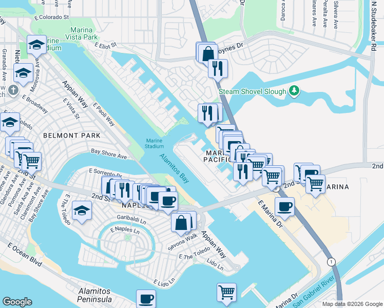 map of restaurants, bars, coffee shops, grocery stores, and more near 5129 Marina Pacifica Drive in Long Beach