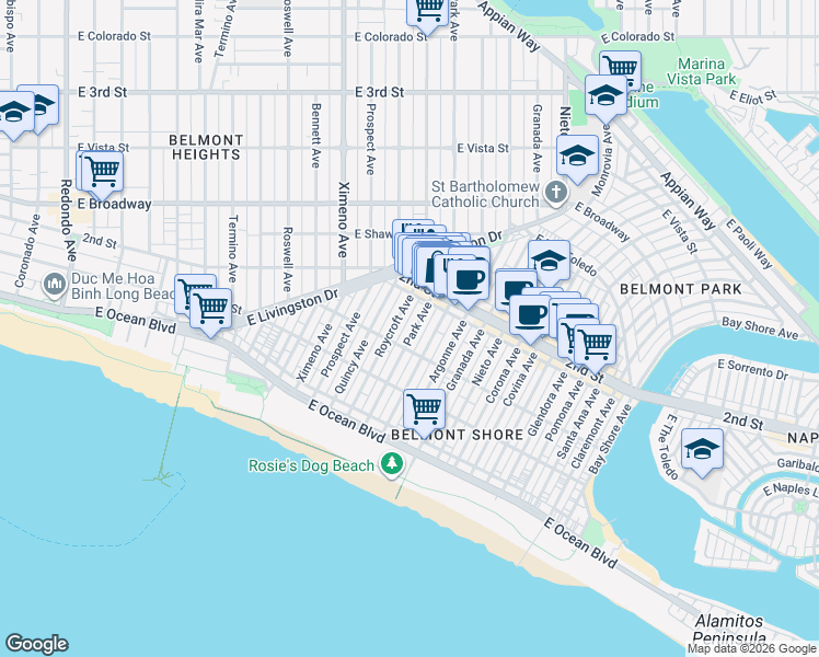 map of restaurants, bars, coffee shops, grocery stores, and more near 166 Park Avenue in Long Beach