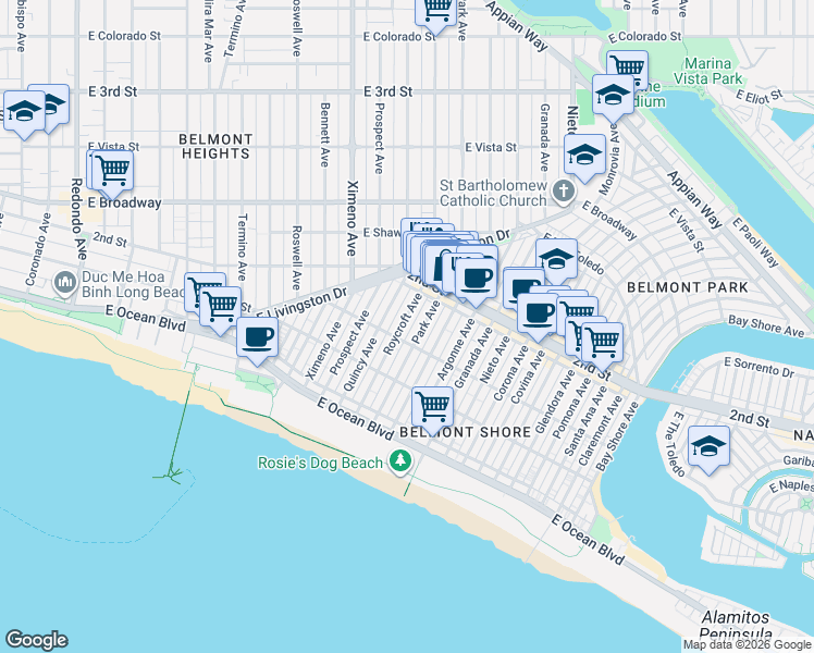 map of restaurants, bars, coffee shops, grocery stores, and more near 149 Roycroft Avenue in Long Beach
