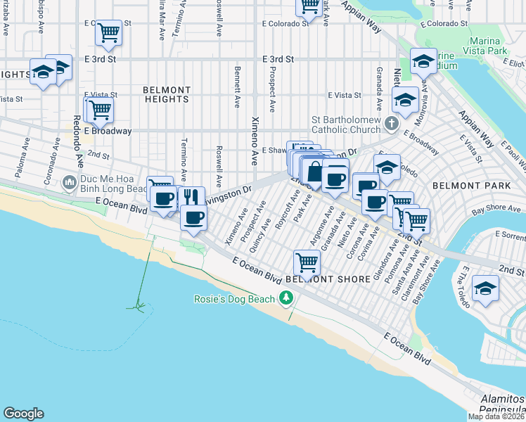 map of restaurants, bars, coffee shops, grocery stores, and more near in Long Beach