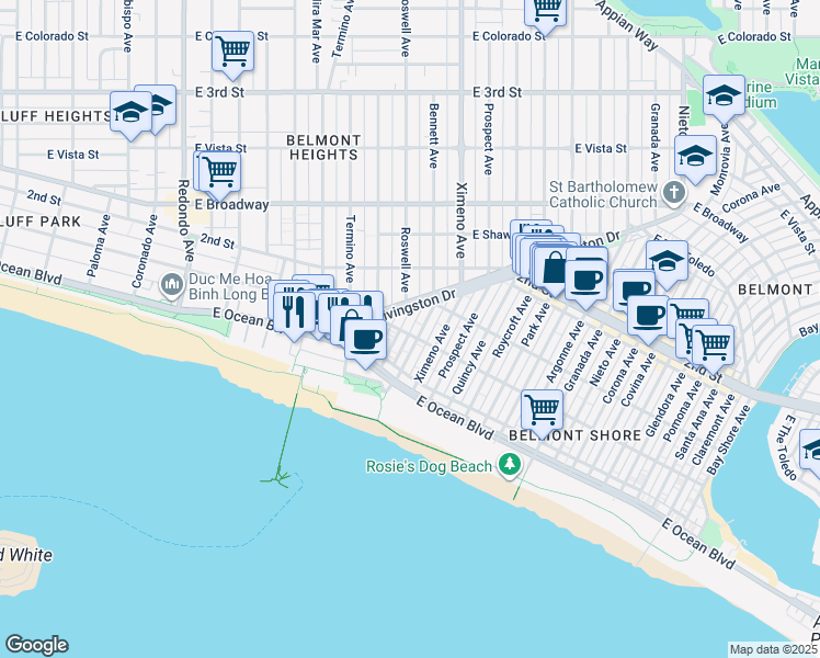 map of restaurants, bars, coffee shops, grocery stores, and more near 113A Bennett Avenue in Long Beach