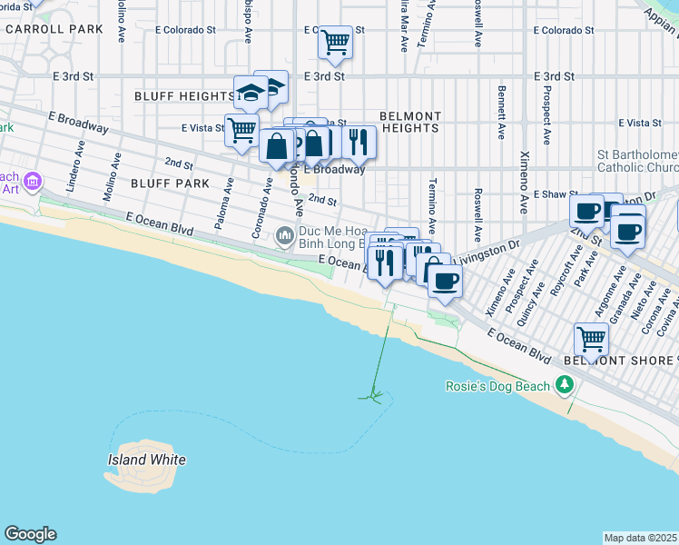 map of restaurants, bars, coffee shops, grocery stores, and more near 8 South 36th Place in Long Beach