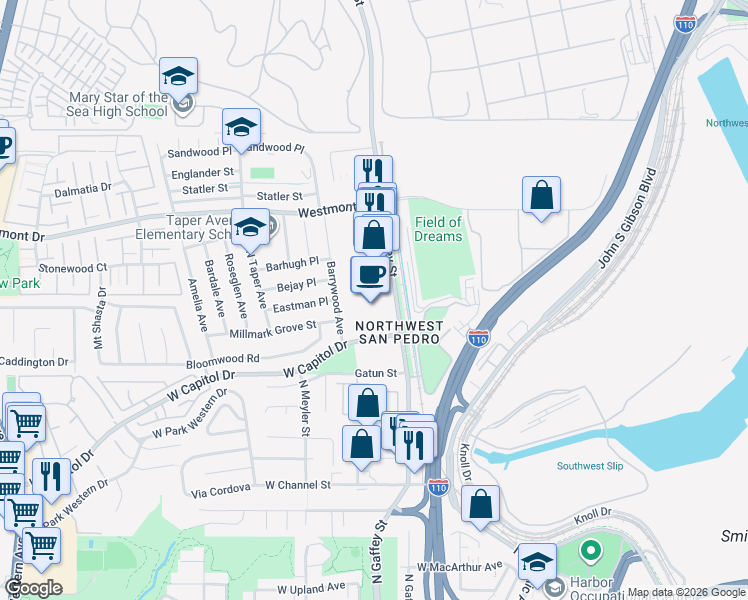 map of restaurants, bars, coffee shops, grocery stores, and more near 1701 North Gaffey Street in Los Angeles