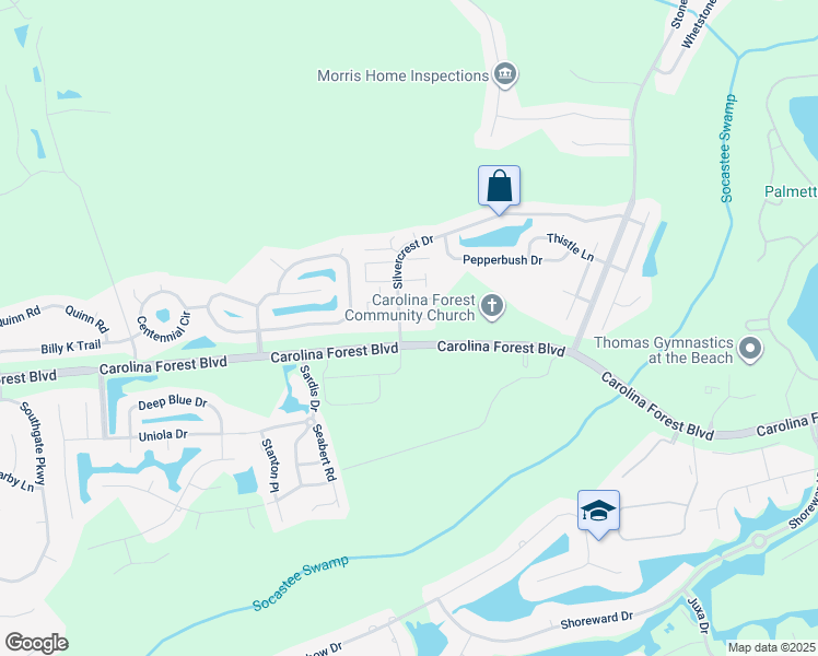map of restaurants, bars, coffee shops, grocery stores, and more near 2102 Silvercrest Drive in Myrtle Beach