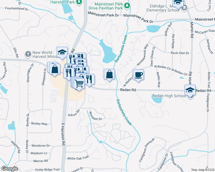 map of restaurants, bars, coffee shops, grocery stores, and more near 1152 Mainstreet Valley Drive in Stone Mountain