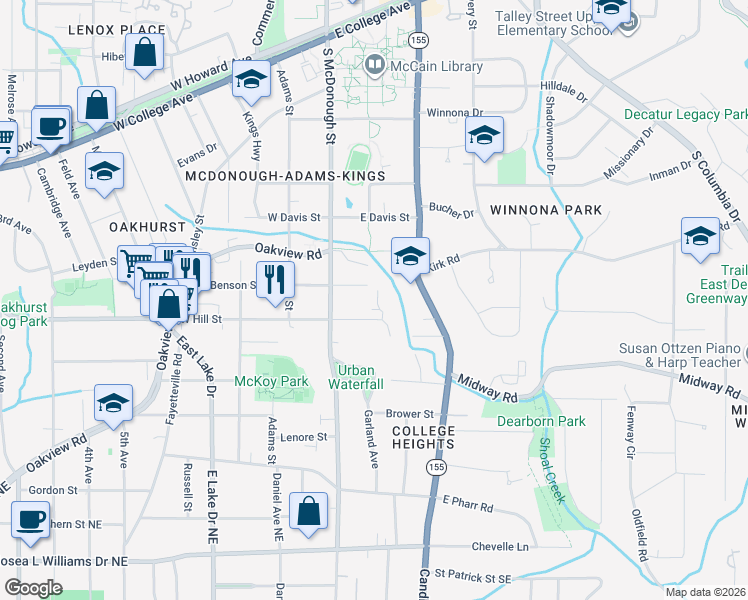 map of restaurants, bars, coffee shops, grocery stores, and more near 112 Oakhurst Terrace in Decatur