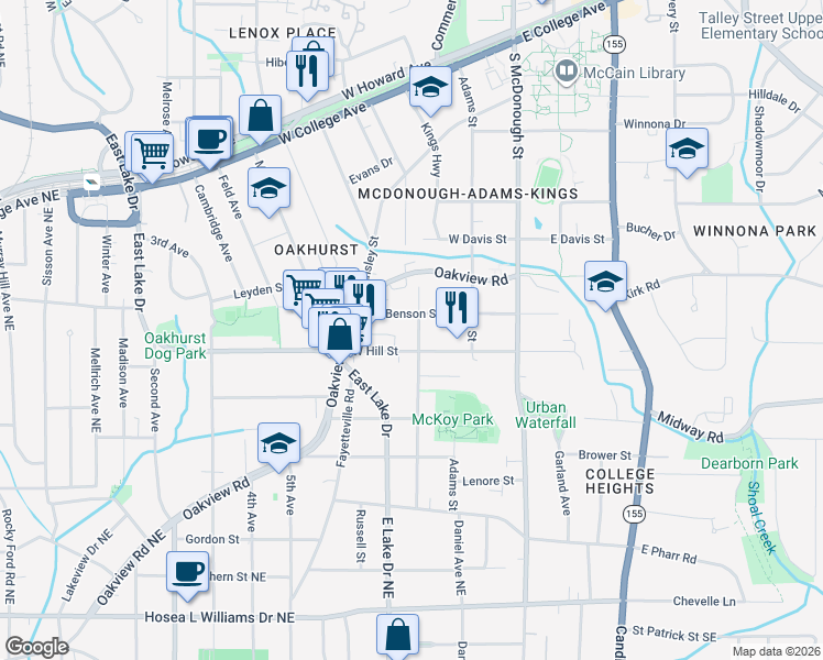 map of restaurants, bars, coffee shops, grocery stores, and more near 215 Mckoy Street in Decatur