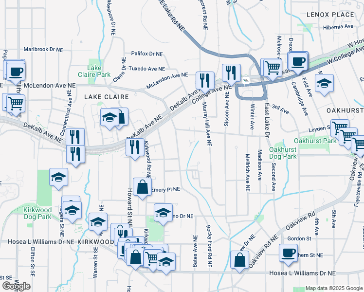 map of restaurants, bars, coffee shops, grocery stores, and more near 253 Rockyford Road Northeast in Atlanta