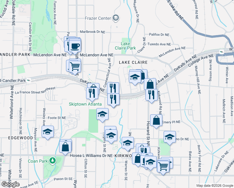 map of restaurants, bars, coffee shops, grocery stores, and more near 1850 DeKalb Avenue Northeast in Atlanta