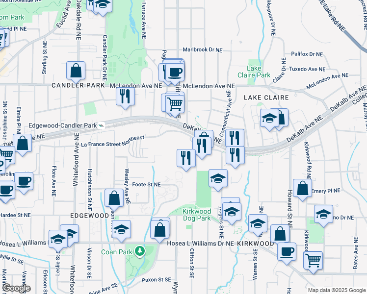map of restaurants, bars, coffee shops, grocery stores, and more near 1665 La France Street Northeast in Atlanta