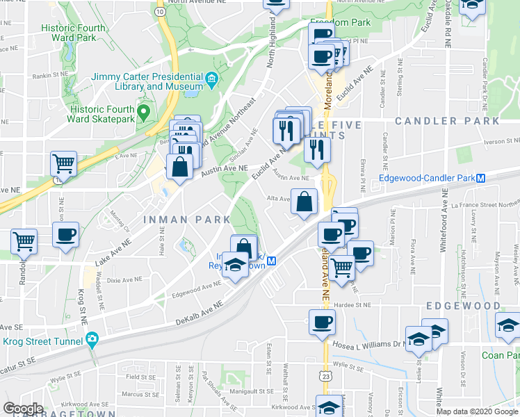 map of restaurants, bars, coffee shops, grocery stores, and more near 1067 Alta Avenue Northeast in Atlanta