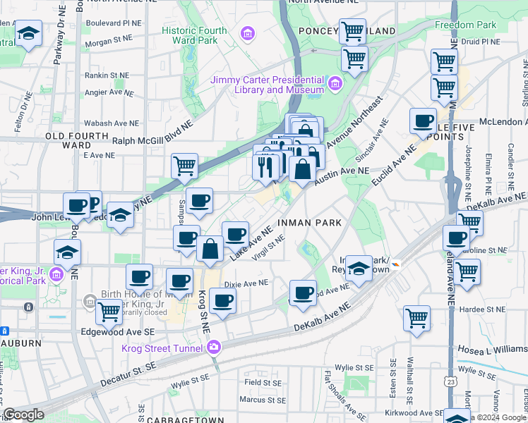 map of restaurants, bars, coffee shops, grocery stores, and more near 881 Inman Village Parkway Northeast in Atlanta