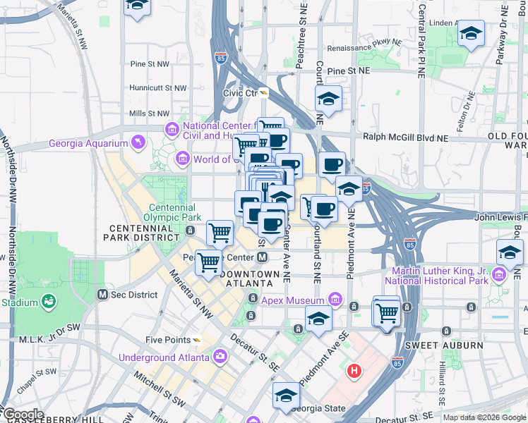 map of restaurants, bars, coffee shops, grocery stores, and more near 235 Peachtree Street in Atlanta