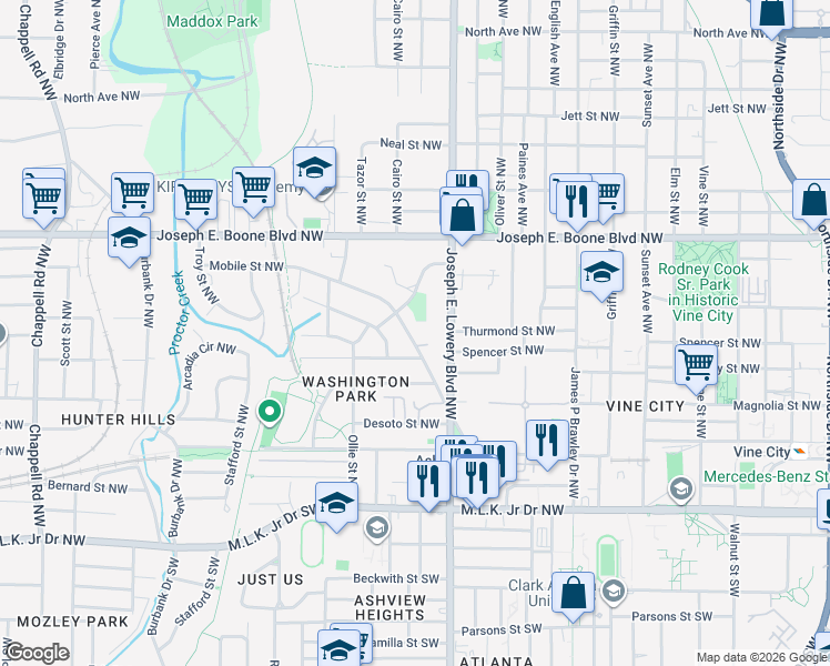 map of restaurants, bars, coffee shops, grocery stores, and more near 995 Mayson Turner Road Northwest in Atlanta