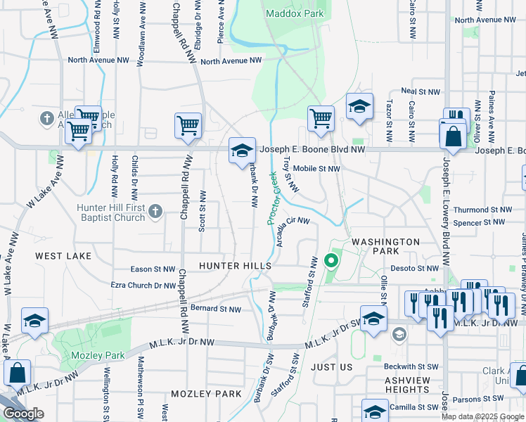 map of restaurants, bars, coffee shops, grocery stores, and more near 195 Burbank Drive Northwest in Atlanta