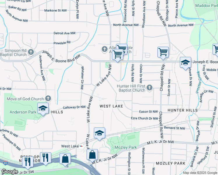 map of restaurants, bars, coffee shops, grocery stores, and more near 1630 Ezra Church Drive Northwest in Atlanta