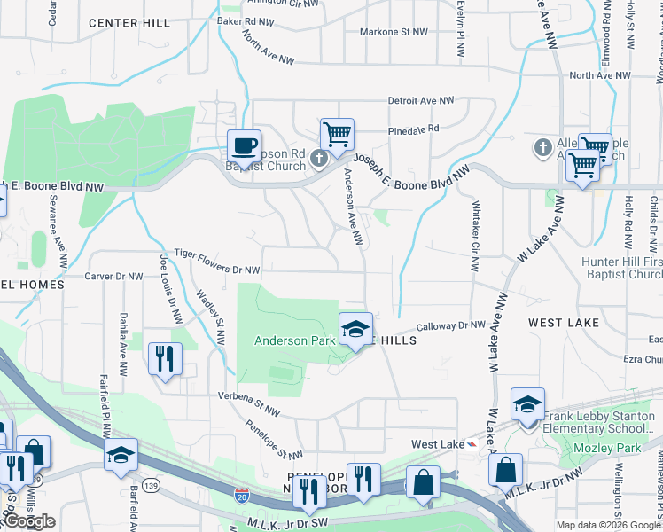 map of restaurants, bars, coffee shops, grocery stores, and more near 1961 Tiger Flowers Drive Northwest in Atlanta