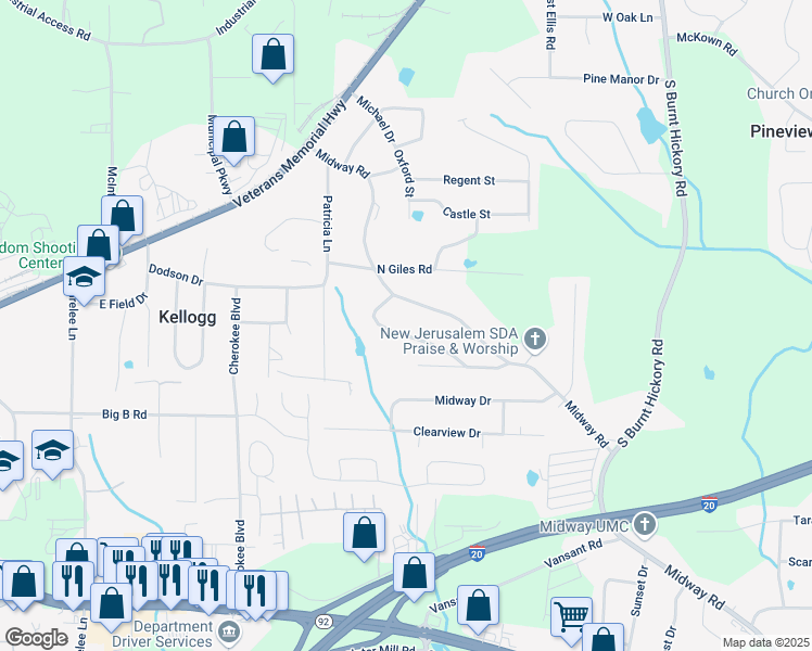 map of restaurants, bars, coffee shops, grocery stores, and more near 4340 Linda Drive in Douglasville