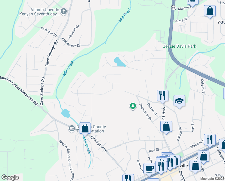 map of restaurants, bars, coffee shops, grocery stores, and more near 6899 Upshaw Mill Road in Douglasville
