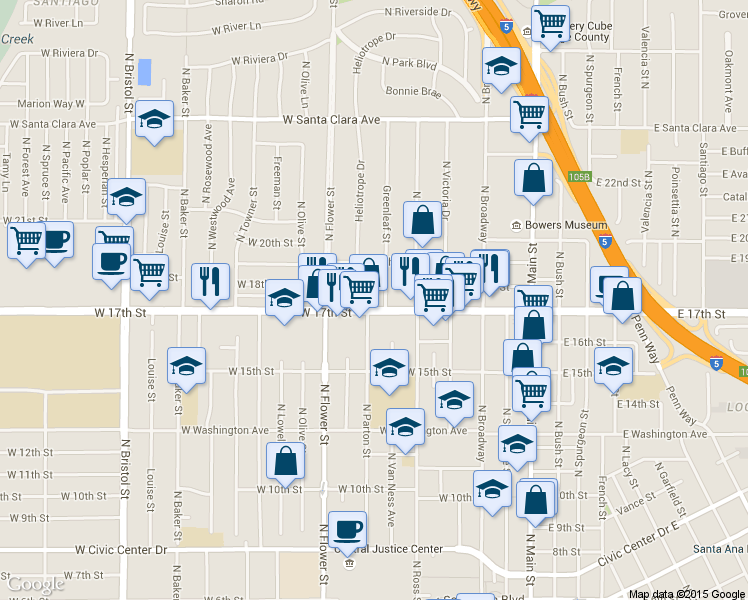 map of restaurants, bars, coffee shops, grocery stores, and more near 603 West 17th Street in Santa Ana