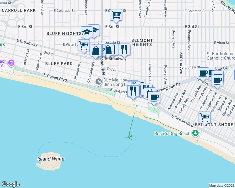map of restaurants, bars, coffee shops, grocery stores, and more near 8 South 36th Place in Long Beach