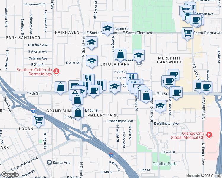 map of restaurants, bars, coffee shops, grocery stores, and more near 1441 17th Street in Santa Ana