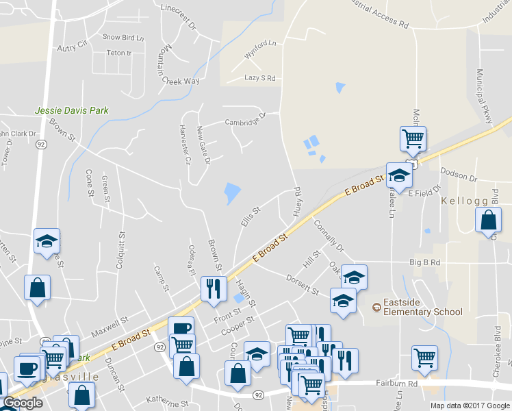 map of restaurants, bars, coffee shops, grocery stores, and more near 6201 Ellis Street in Douglasville