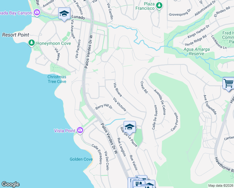 map of restaurants, bars, coffee shops, grocery stores, and more near 30157 Vía Rivera in Rancho Palos Verdes