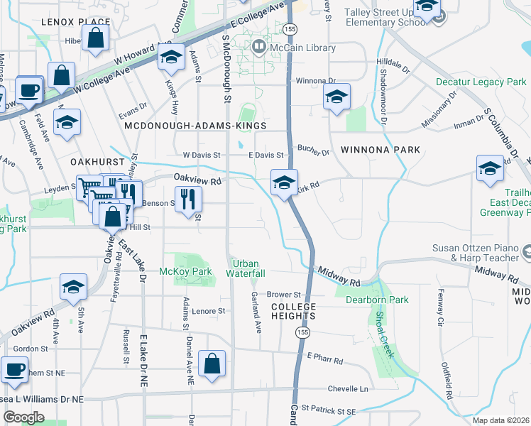 map of restaurants, bars, coffee shops, grocery stores, and more near 101 Oakhurst Terrace in Decatur