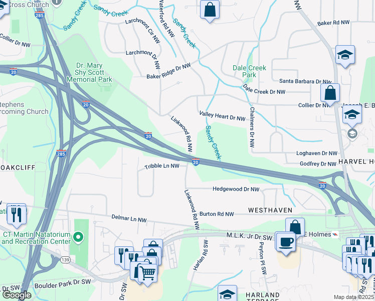 map of restaurants, bars, coffee shops, grocery stores, and more near 194 Linkwood Road Northwest in Atlanta