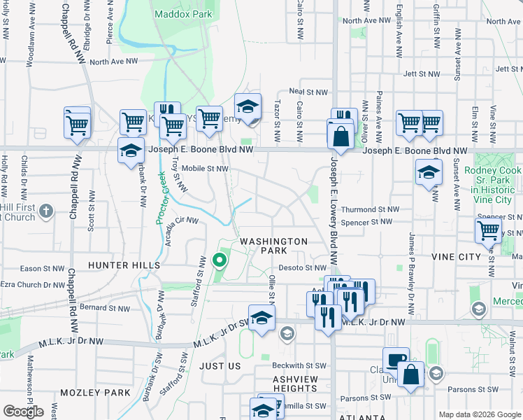 map of restaurants, bars, coffee shops, grocery stores, and more near 211 Ollie Street Northwest in Atlanta