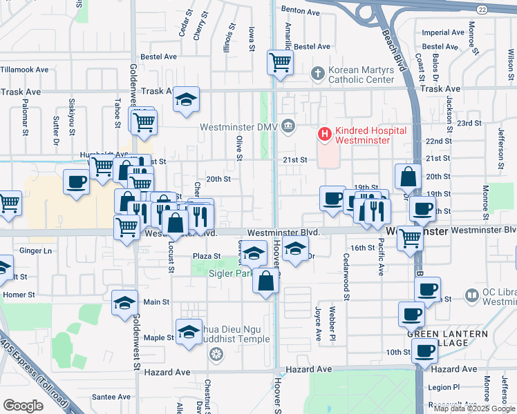 map of restaurants, bars, coffee shops, grocery stores, and more near 13882 Iowa Street in Westminster