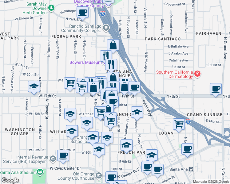 map of restaurants, bars, coffee shops, grocery stores, and more near 1701 North Main Street in Santa Ana