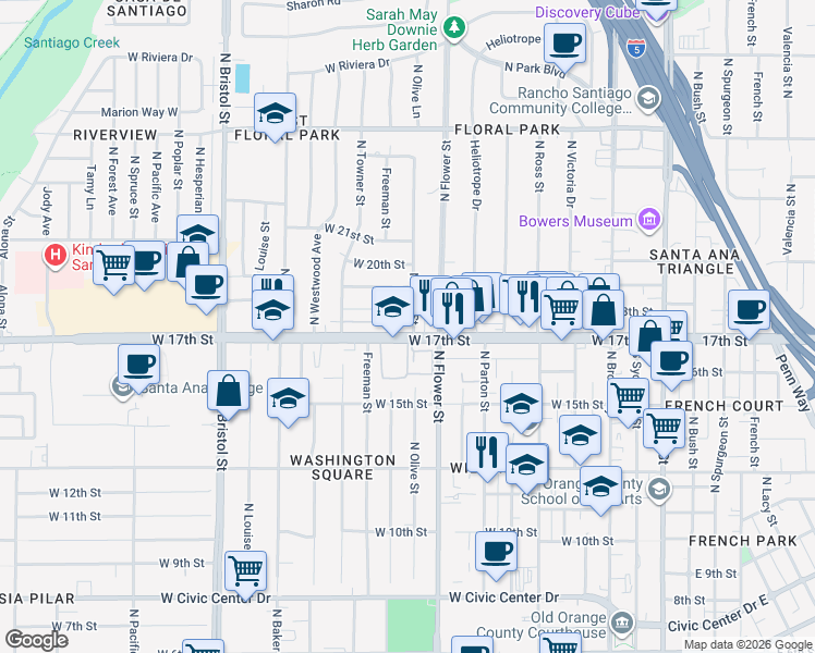 map of restaurants, bars, coffee shops, grocery stores, and more near 1706 North Olive Street in Santa Ana