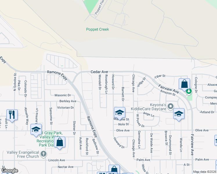 map of restaurants, bars, coffee shops, grocery stores, and more near 24892 Rosebrugh Lane in Hemet