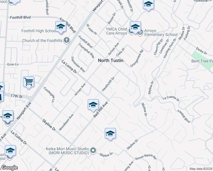 map of restaurants, bars, coffee shops, grocery stores, and more near 11661 Heathcliff Drive in North Tustin