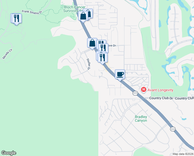 map of restaurants, bars, coffee shops, grocery stores, and more near 8 Venus Drive in Rancho Mirage