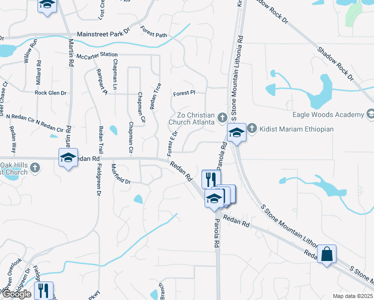 map of restaurants, bars, coffee shops, grocery stores, and more near 1137 Forest Path in Stone Mountain