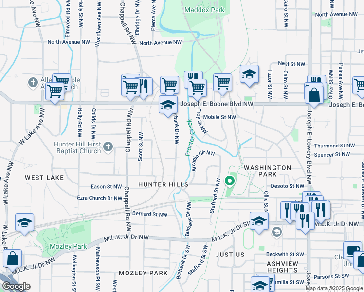 map of restaurants, bars, coffee shops, grocery stores, and more near 195 Burbank Drive Northwest in Atlanta