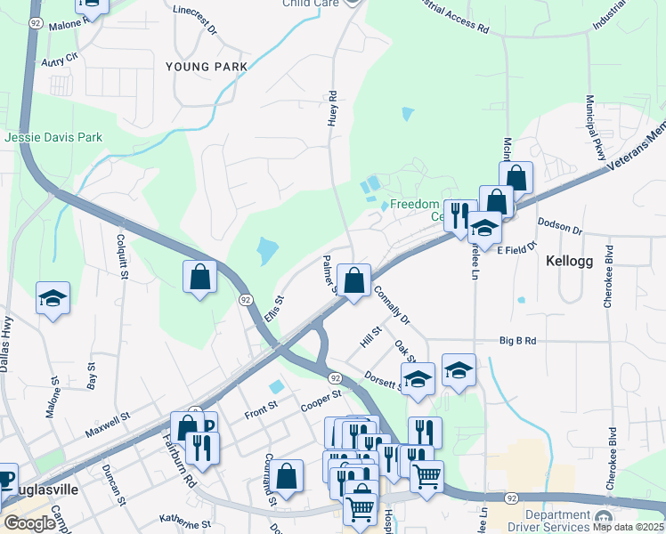 map of restaurants, bars, coffee shops, grocery stores, and more near 8032 Palmer Street in Douglasville