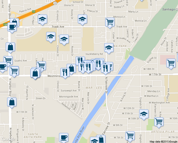 map of restaurants, bars, coffee shops, grocery stores, and more near 1714 Sydney St in Santa Ana