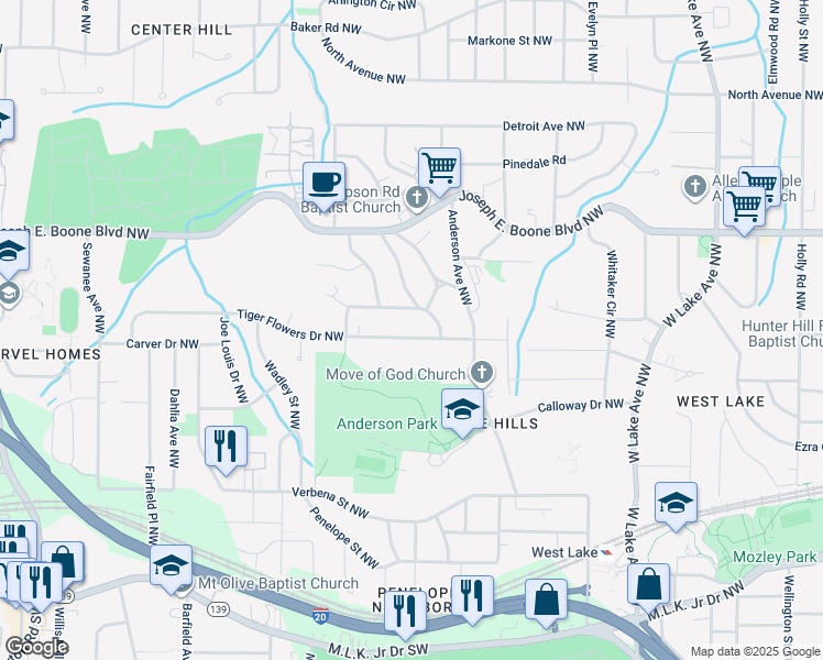 map of restaurants, bars, coffee shops, grocery stores, and more near 2007 Tiger Flowers Drive Northwest in Atlanta