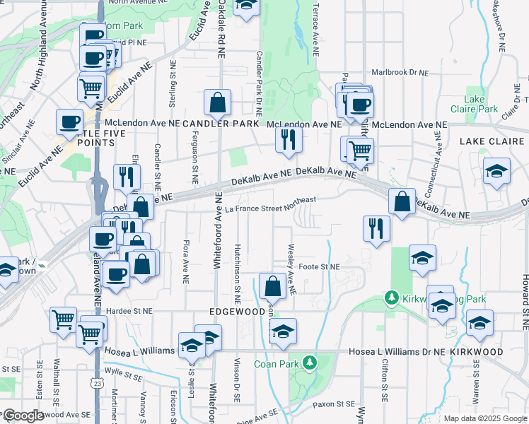 map of restaurants, bars, coffee shops, grocery stores, and more near 1471 La France Street Northeast in Atlanta