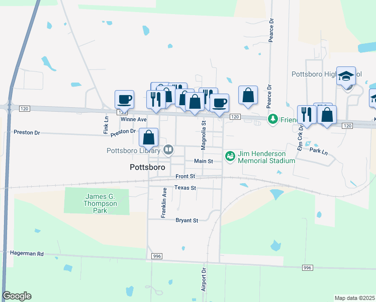 map of restaurants, bars, coffee shops, grocery stores, and more near 303 Thompson St in Pottsboro