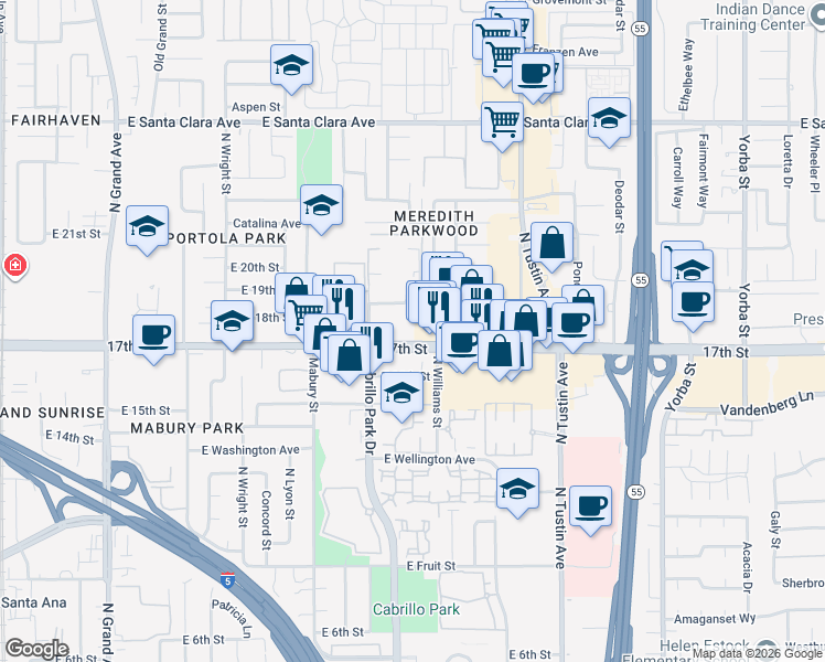 map of restaurants, bars, coffee shops, grocery stores, and more near 1913 17th Street in Santa Ana